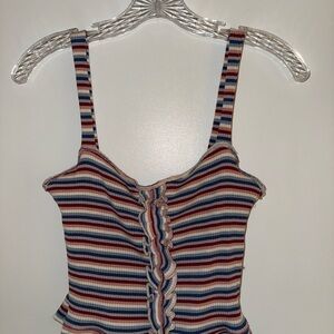 Reformation Blue and White Fitted Ruffled Tank Top